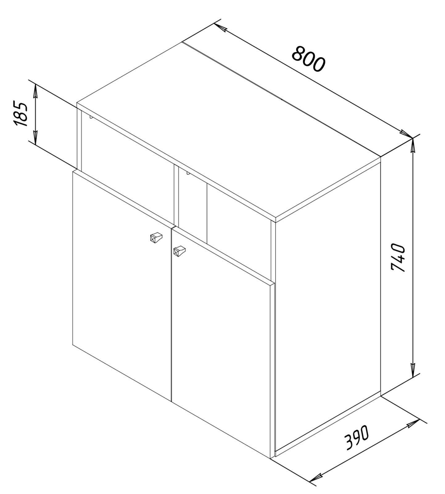 Technische isometrische Zeichnung eines zweitürigen Schranks/Unterschranks mit Griffen, Maße ca. 800 mm Breite, 390 mm Tiefe und 740 mm Höhe, Perspektive: schräg von oben vorne (3D-Ansicht).