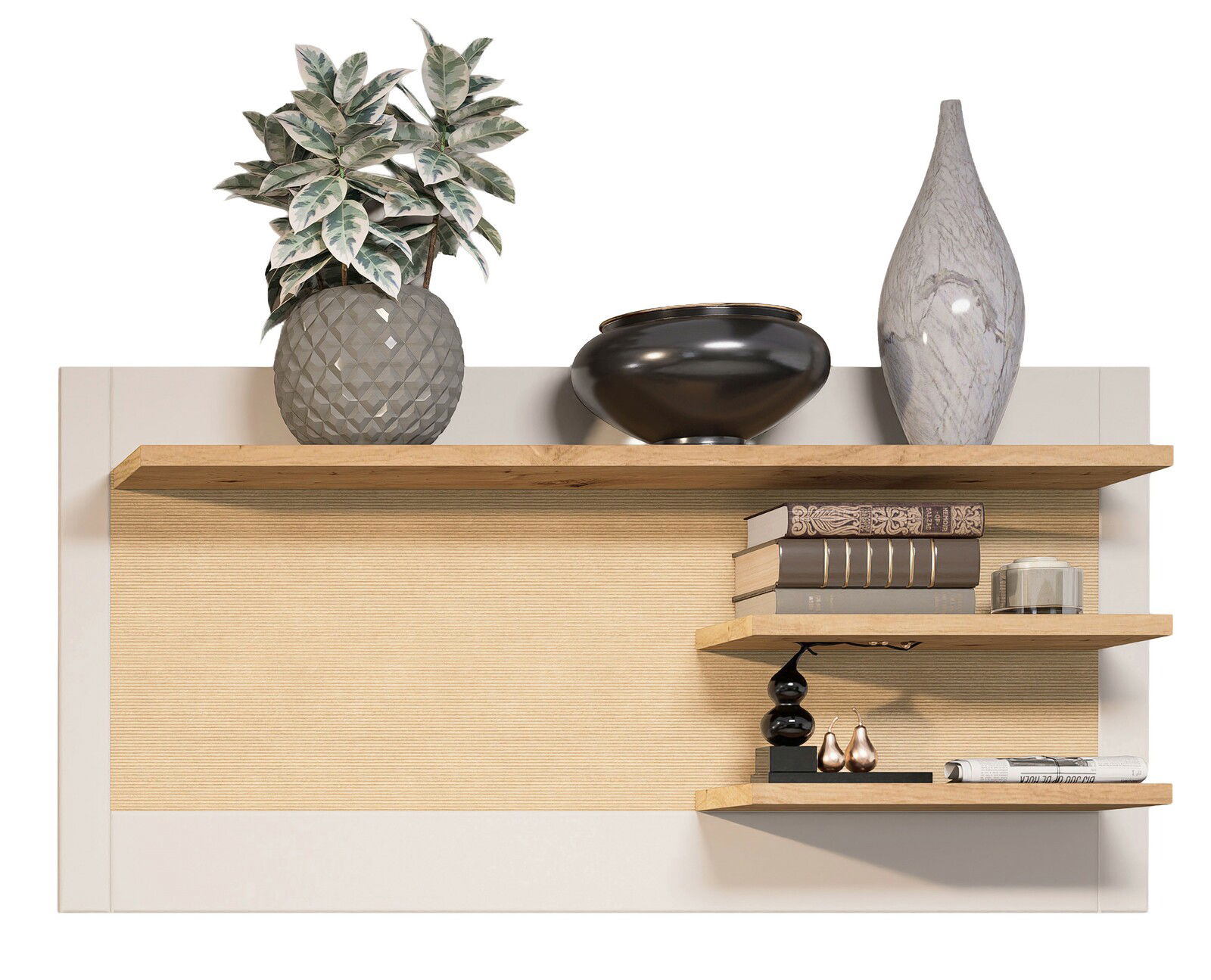 Wandregal mit drei Holzregalböden, dekoriert mit Pflanzen, Vasen und Büchern, aus frontaler Perspektive.