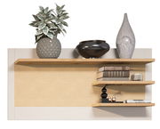 Wandregal mit drei Holzregalböden, dekoriert mit Pflanzen, Vasen und Büchern, aus frontaler Perspektive.