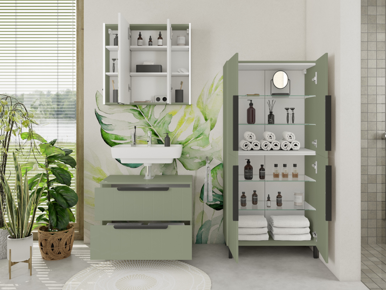 Moderner Spiegelschrank in einem stilvollen Badezimmer, frontal betrachtet, mit geöffneter Tür und sichtbaren Regalen.