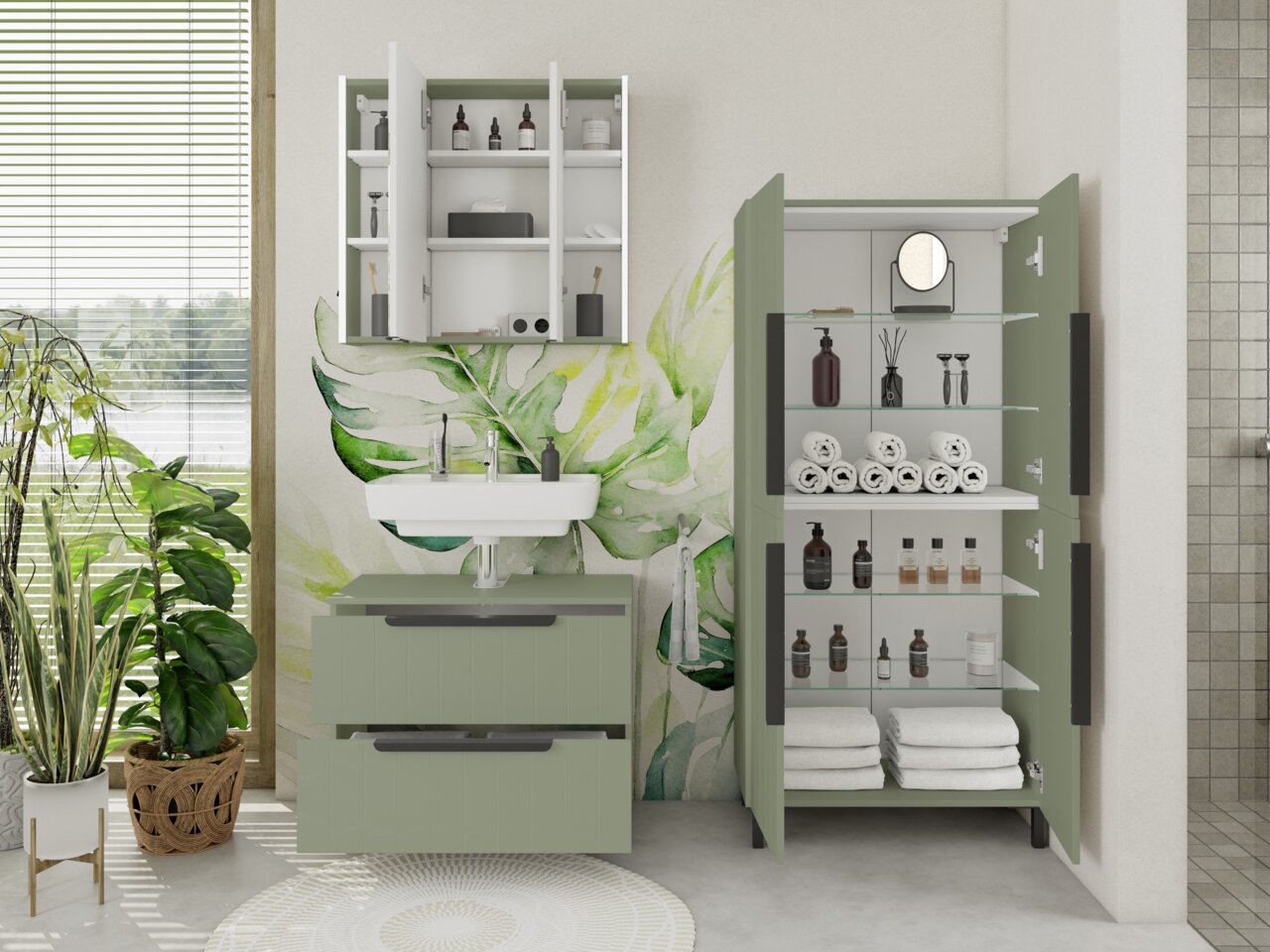 Moderner Spiegelschrank in einem stilvollen Badezimmer, frontal betrachtet, mit geöffneter Tür und sichtbaren Regalen.