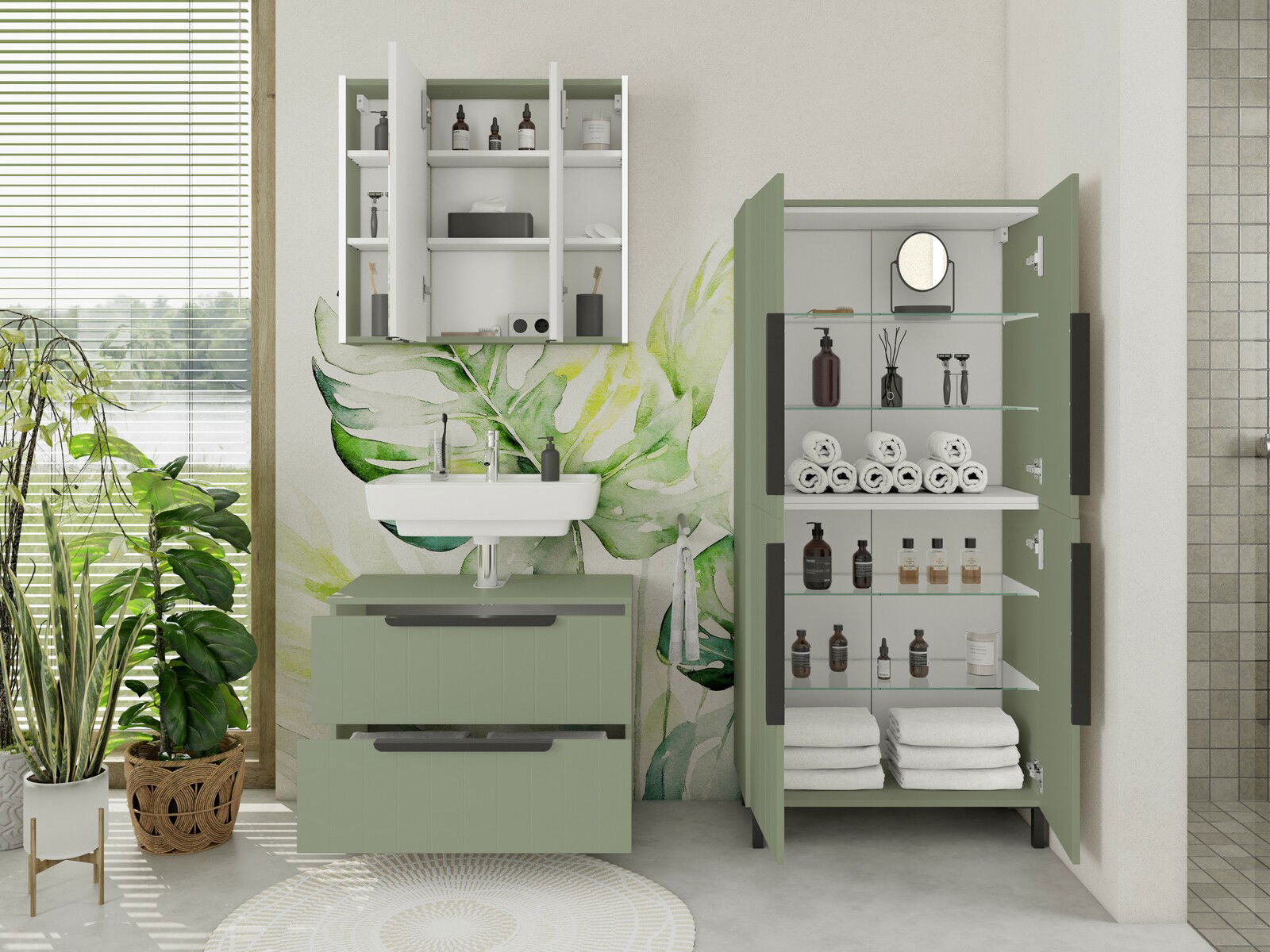 Moderner Spiegelschrank in einem stilvollen Badezimmer, frontal betrachtet, mit geöffneter Tür und sichtbaren Regalen.