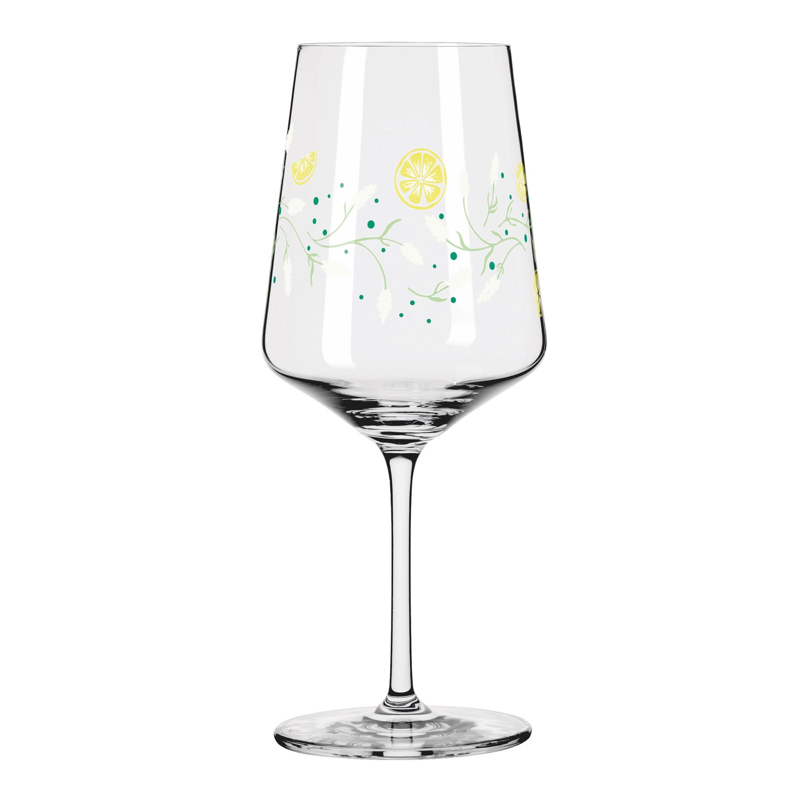 Weinglas mit Zitronen- und Blattmuster, seitliche Perspektive