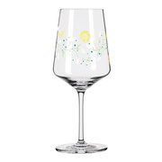 Weinglas mit Zitronen- und Blattmuster, seitliche Perspektive