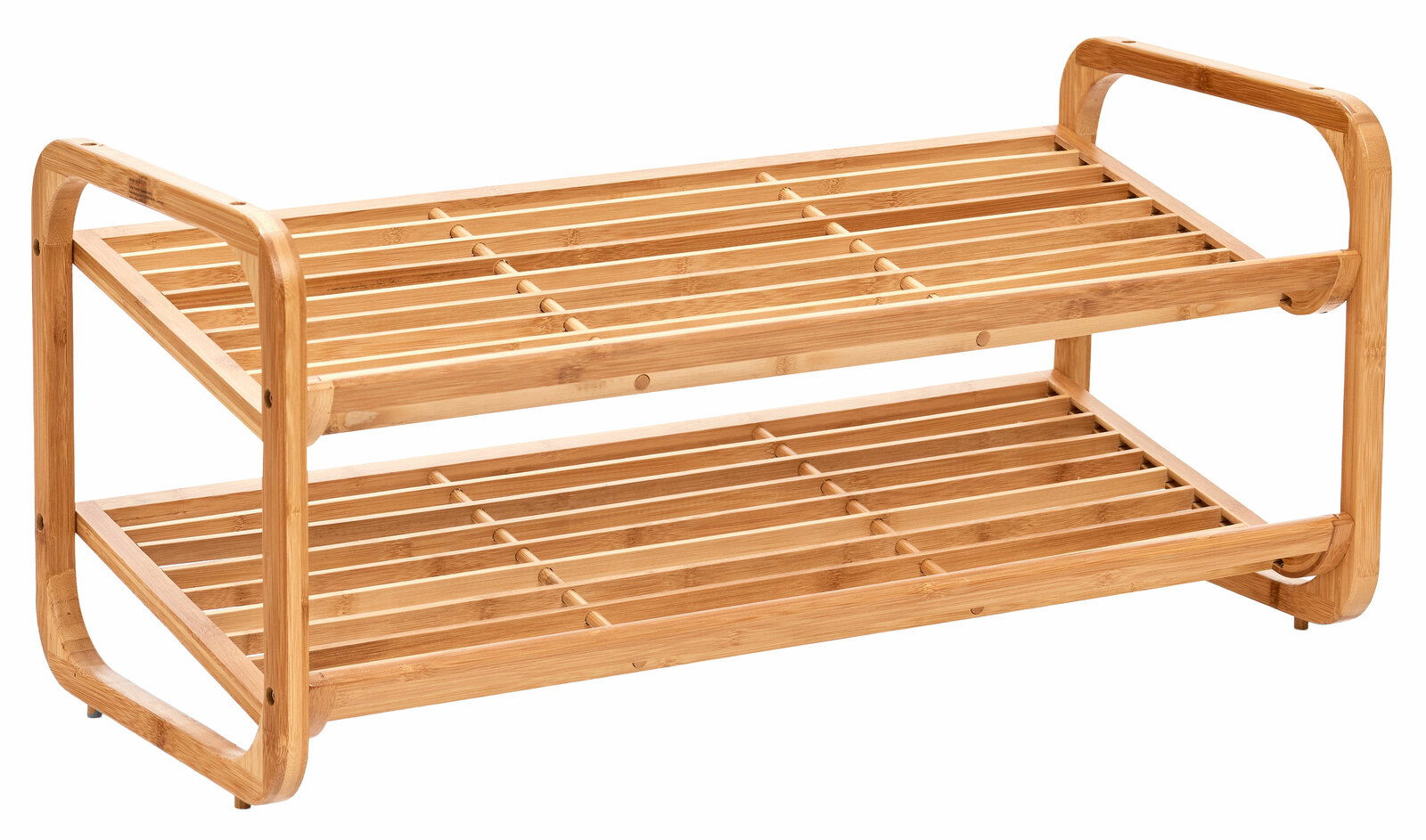 Schuhregal aus Holz mit zwei Ablagen, seitliche Perspektive