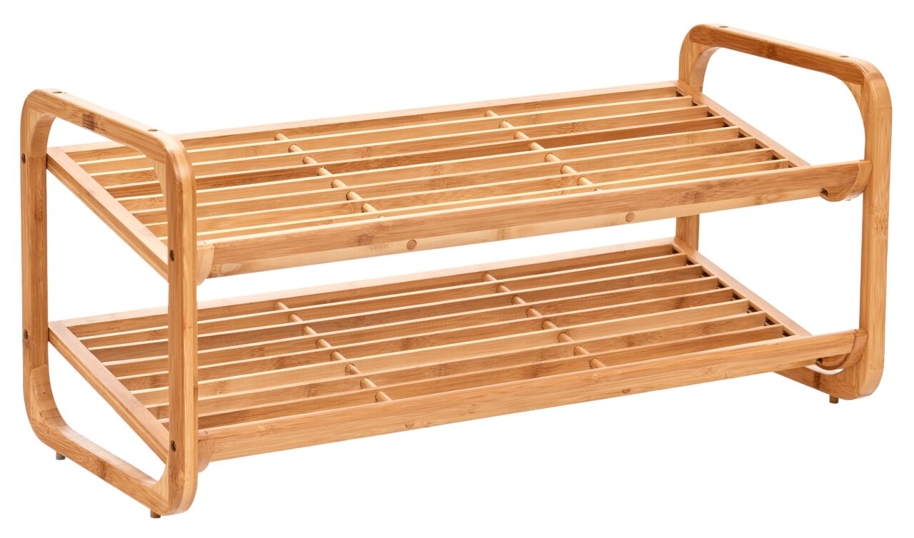 Schuhregal aus Holz mit zwei Ablagen, seitliche Perspektive