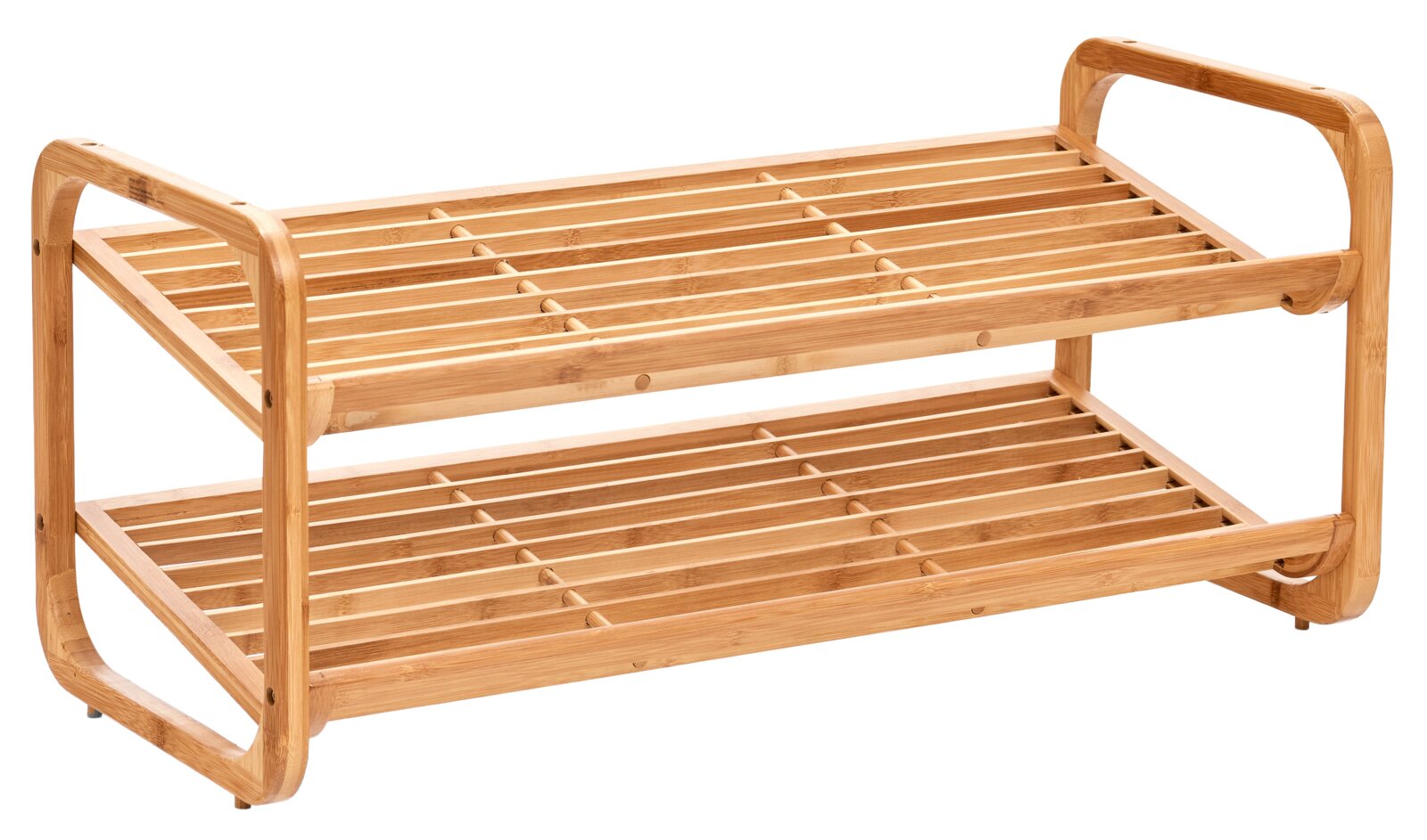 Schuhregal aus Holz mit zwei Ablagen, seitliche Perspektive