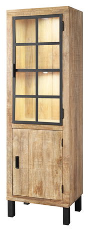 Vitrine aus Holz mit Glastür und schwarzem Metallrahmen, seitliche Perspektive