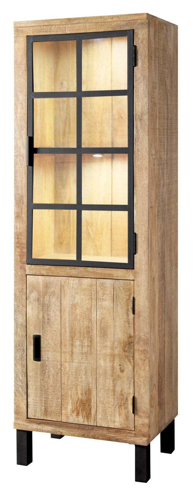 Landscape Vitrine KALI Houten vitrinekast met glazen deur en zwart metalen frame, zijaanzicht