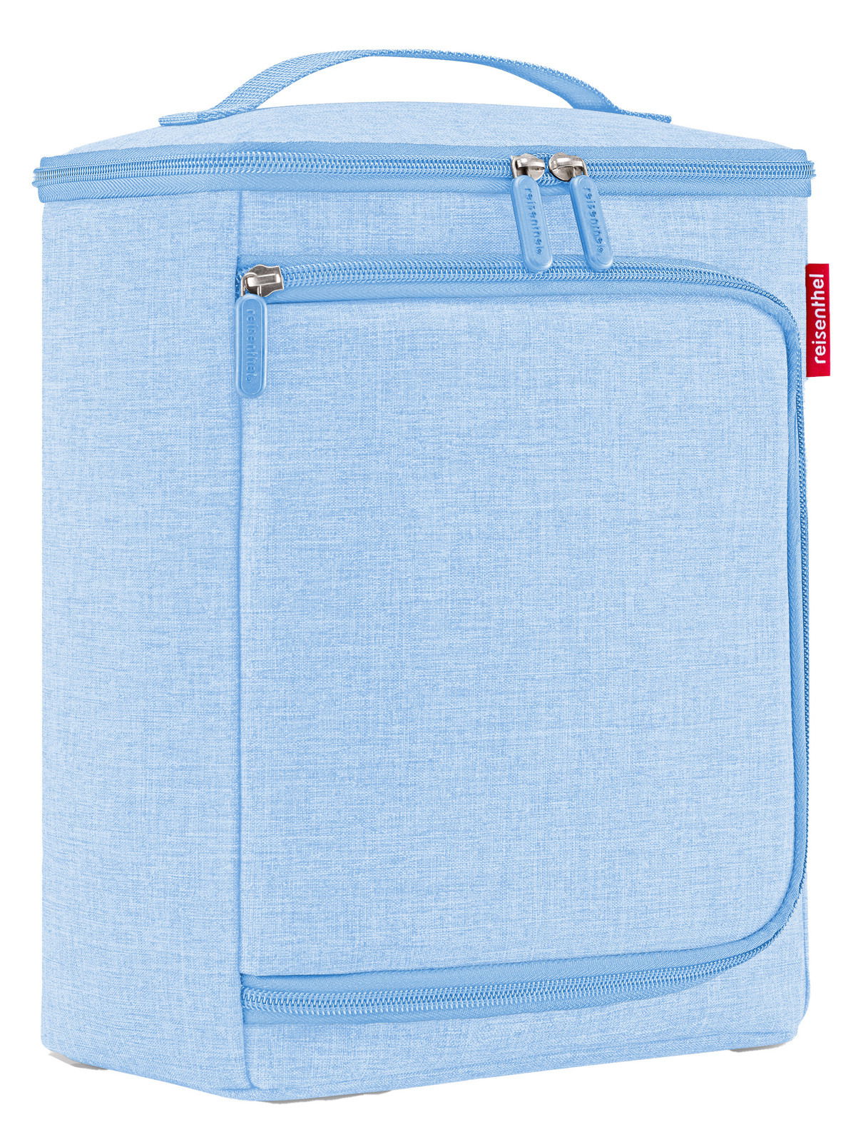 Hellblaue Coolerbox mit Reißverschlüssen und Tragegriff, seitliche Perspektive