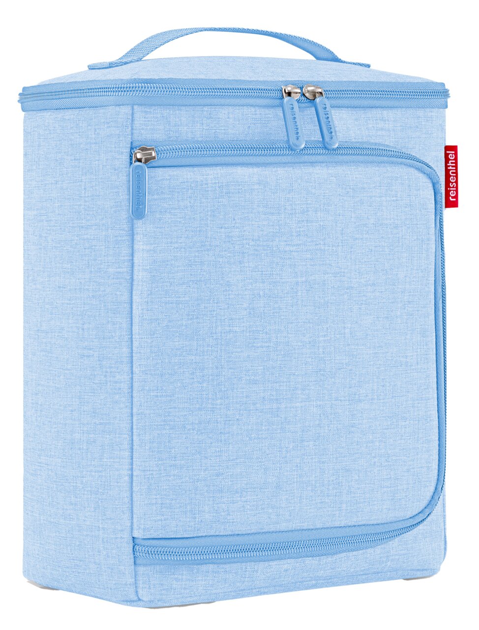 Hellblaue Coolerbox mit Reißverschlüssen und Tragegriff, seitliche Perspektive