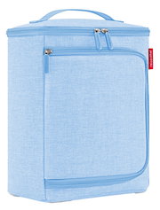 Hellblaue Coolerbox mit Reißverschlüssen und Tragegriff, seitliche Perspektive