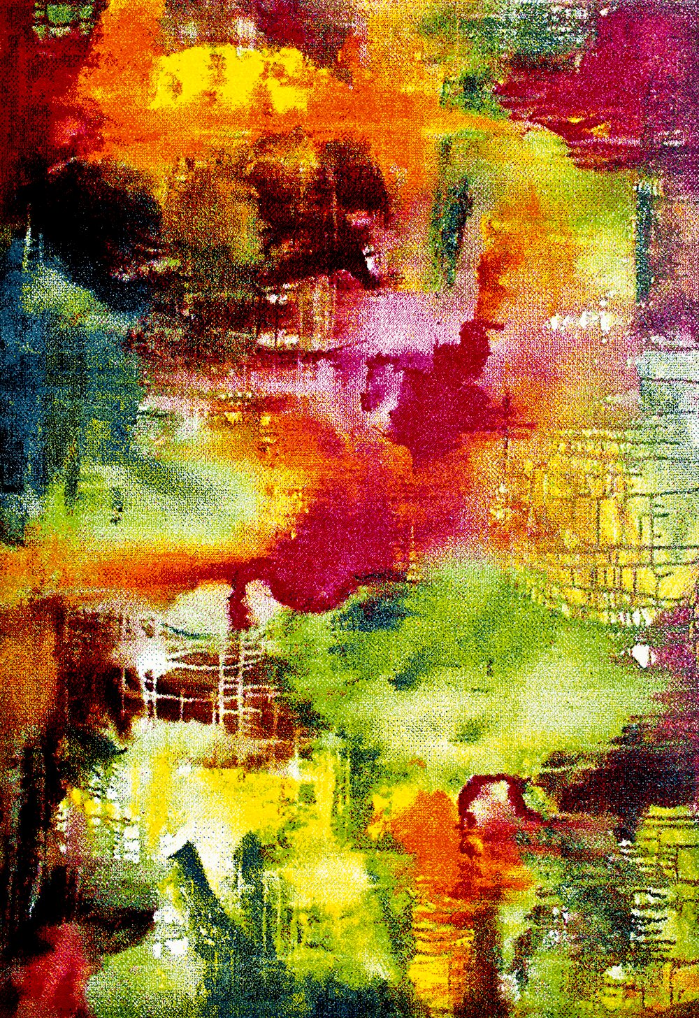 Frontalansicht eines farbintensiven abstrakten Kunstwerks mit kräftigen Pinselstrichen in Orange, Gelb, Grün, Pink und Blau auf strukturierter Oberfläche.