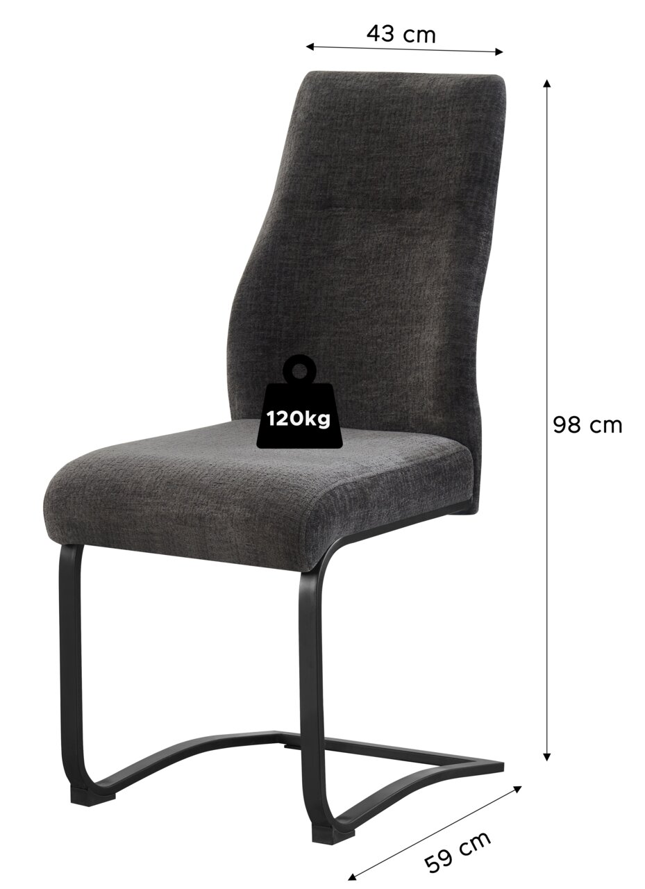 Dunkelgrauer Polster-Schwingstuhl mit schwarzem Metallgestell, Maße ca. 98 cm hoch, 43 cm breit und 59 cm tief, belastbar bis 120 kg, freigestellt in schräger Frontansicht.