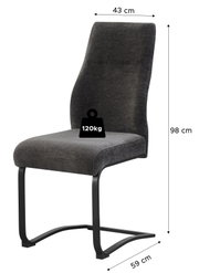Dunkelgrauer Polster-Schwingstuhl mit schwarzem Metallgestell, Maße ca. 98 cm hoch, 43 cm breit und 59 cm tief, belastbar bis 120 kg, freigestellt in schräger Frontansicht.