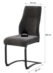 Dunkelgrauer Polster-Schwingstuhl mit schwarzem Metallgestell, Maße ca. 98 cm hoch, 43 cm breit und 59 cm tief, belastbar bis 120 kg, freigestellt in schräger Frontansicht.