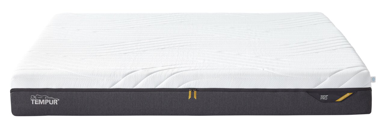 Matras van 160 x 200 cm, zijaanzicht, met een wit oppervlak en een grijze rand, het Tempur-logo is zichtbaar.