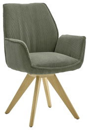 Groene fauteuil met houten poten, zijaanzicht
