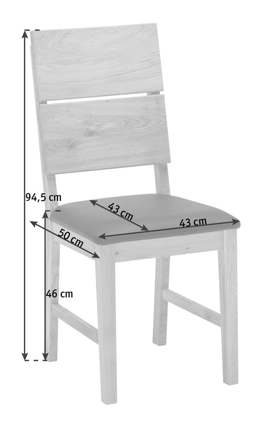 Holzstuhl mit rechteckiger Rückenlehne und gepolsterter Sitzfläche, seitliche Perspektive