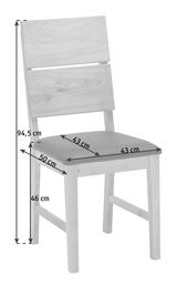 Holzstuhl mit rechteckiger Rückenlehne und gepolsterter Sitzfläche, seitliche Perspektive