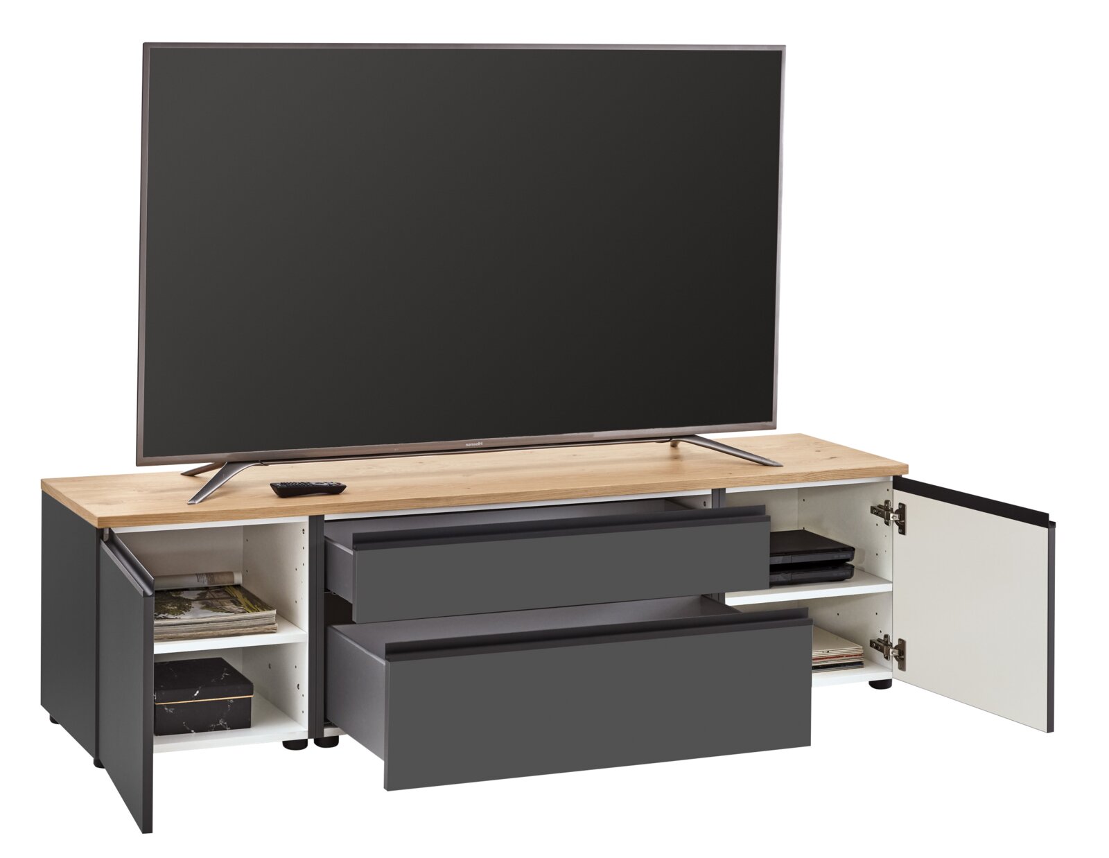 TV-lowboard met houten afwerking, twee open lades en twee open deuren, gezien vanaf de voorkant.