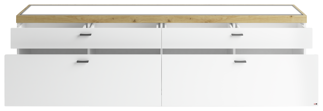 Weißes TV-Lowboard mit Holzoberfläche und offenen Schubladen, Frontansicht