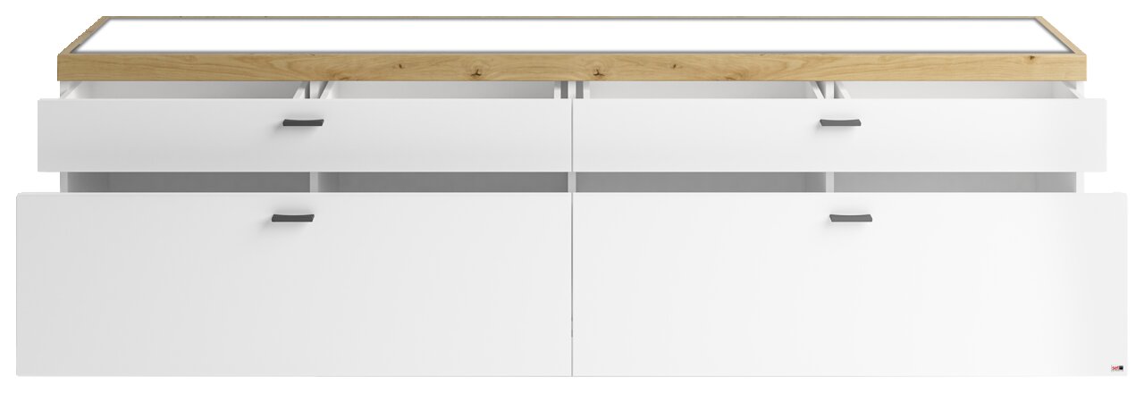 Weißes TV-Lowboard mit Holzoberfläche und offenen Schubladen, Frontansicht