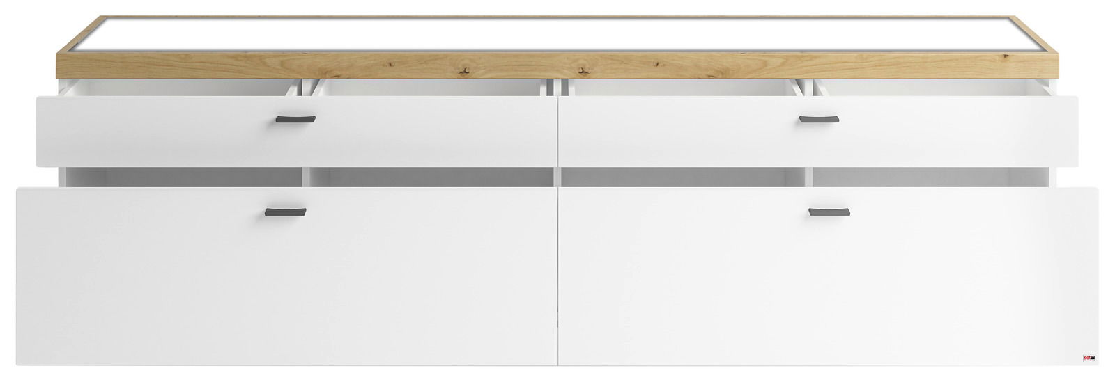 Weißes TV-Lowboard mit Holzoberfläche und offenen Schubladen, Frontansicht