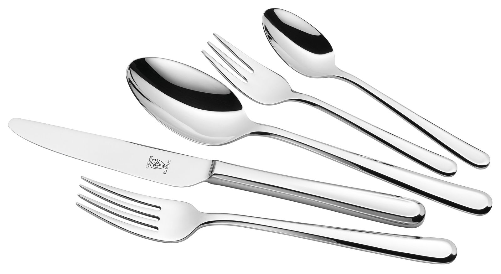 Elegantes Menübesteck-Set aus Edelstahl, bestehend aus Messer, Gabel, Löffel und Teelöffel, in seitlicher Perspektive.