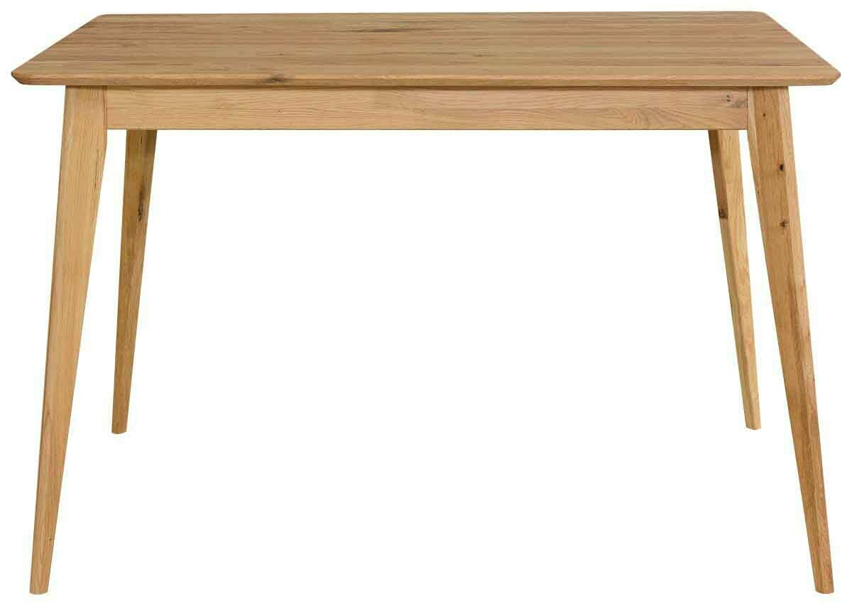 Holzesstisch mit rechteckiger Tischplatte und schrägen Beinen, Frontalansicht