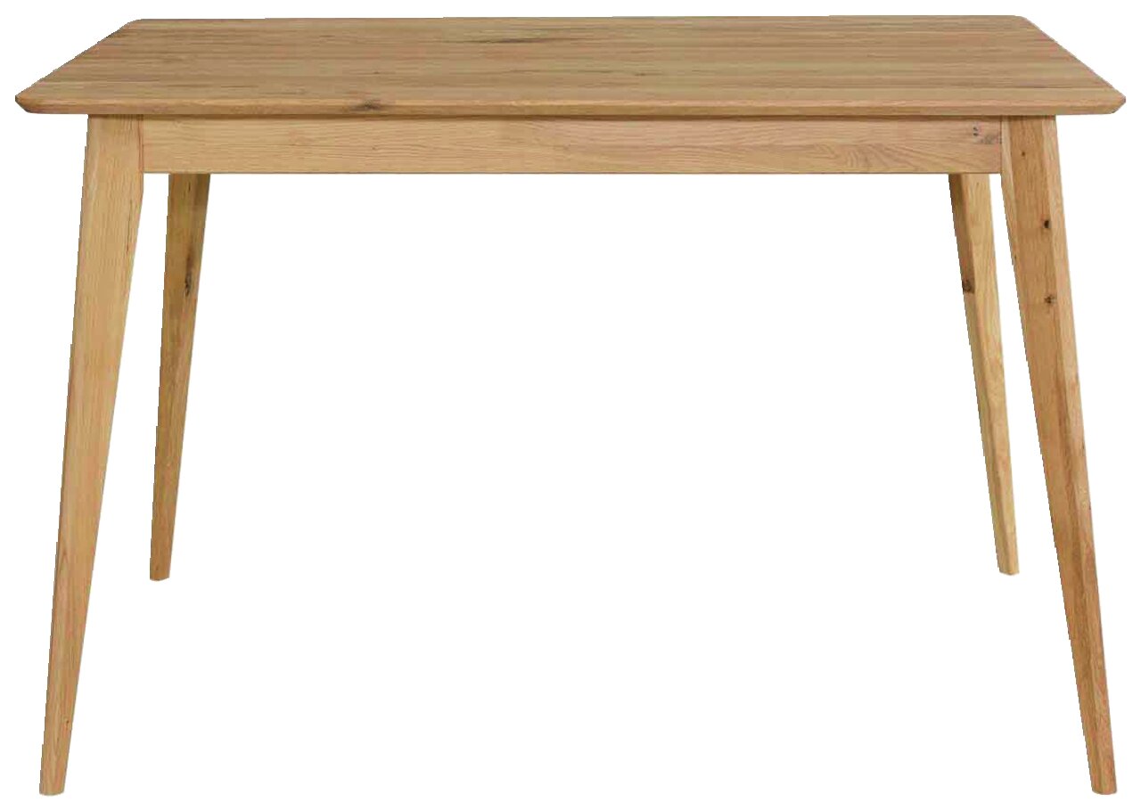 Holzesstisch mit rechteckiger Tischplatte und schrägen Beinen, Frontalansicht