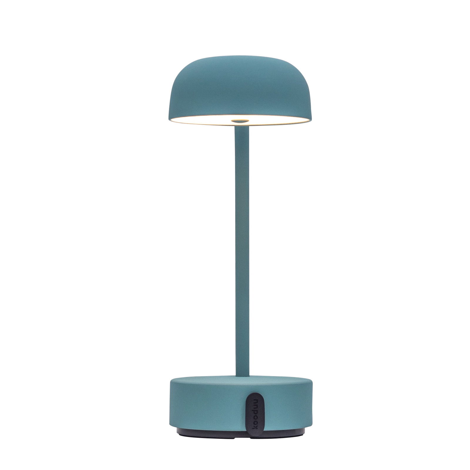 Moderne Tischlampe in rauchigem Teal, seitliche Perspektive