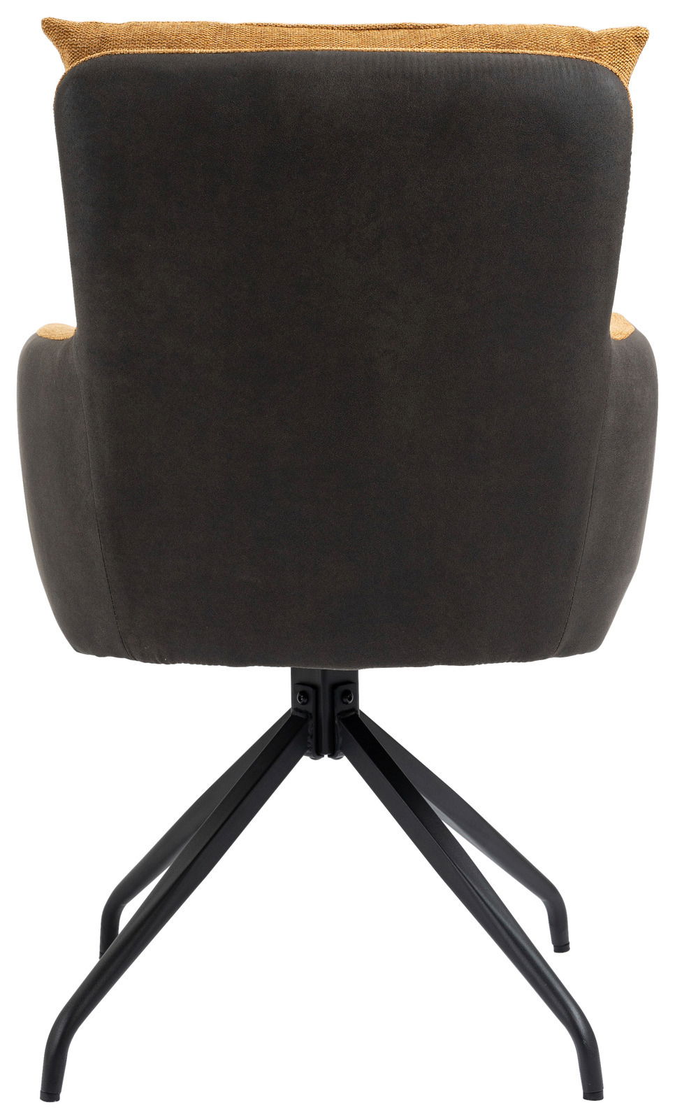 Rückansicht eines Sessels mit schwarzem Stoffbezug und gelben Akzenten, auf einem schwarzen Metallgestell.