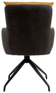 Rückansicht eines Sessels mit schwarzem Stoffbezug und gelben Akzenten, auf einem schwarzen Metallgestell.