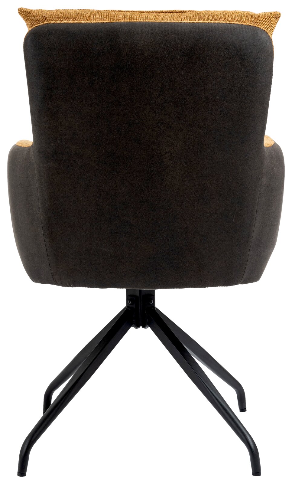 Rückansicht eines Sessels mit schwarzem Stoffbezug und gelben Akzenten, auf einem schwarzen Metallgestell.