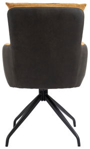 Rückansicht eines Sessels mit schwarzem Stoffbezug und gelben Akzenten, auf einem schwarzen Metallgestell.