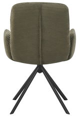 Rückansicht eines Armlehnstuhls mit olivgrünem Stoffbezug und schwarzen Metallbeinen.