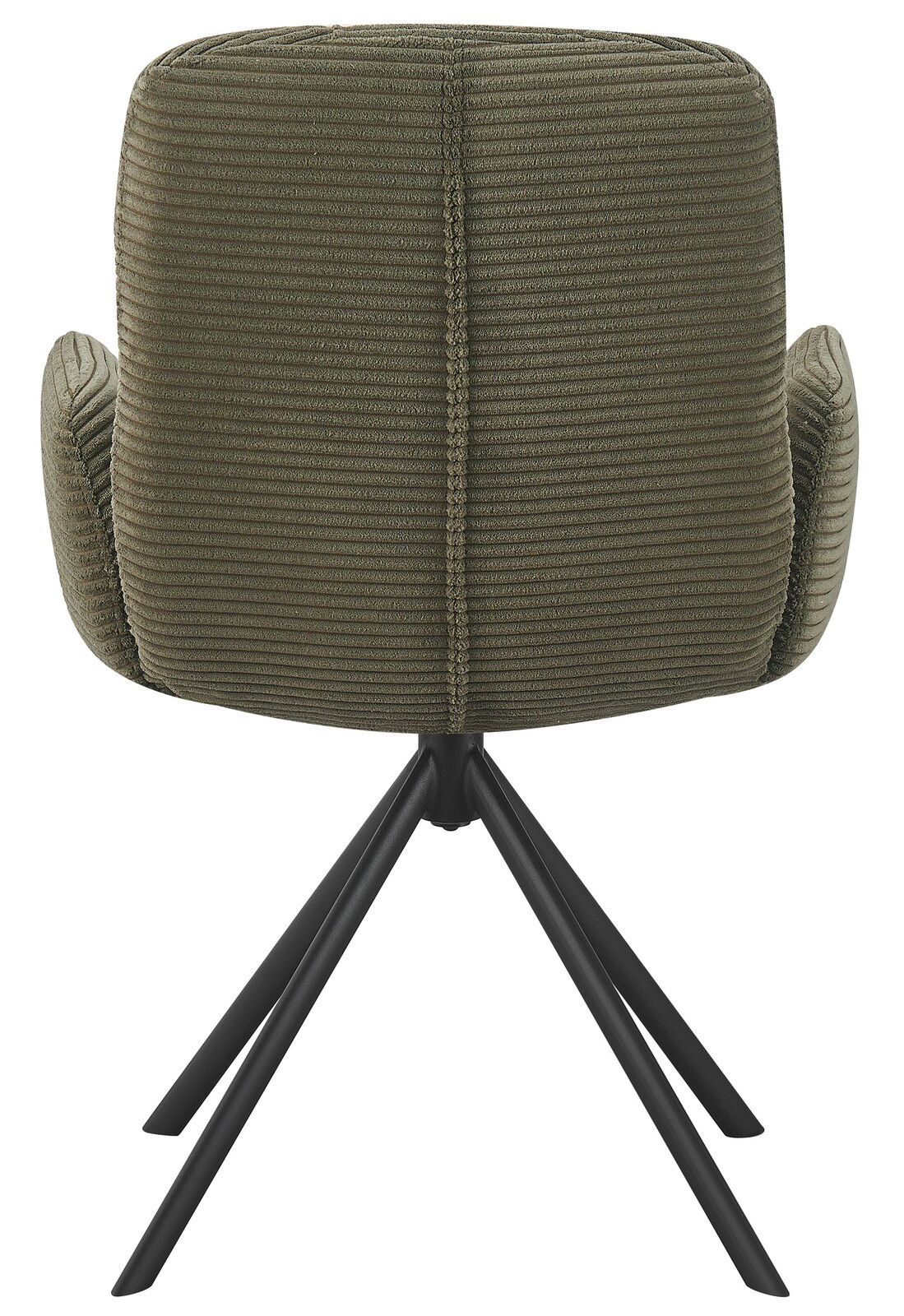 Rückansicht eines Armlehnstuhls mit olivgrünem Stoffbezug und schwarzen Metallbeinen.