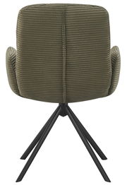 Rückansicht eines Armlehnstuhls mit olivgrünem Stoffbezug und schwarzen Metallbeinen.