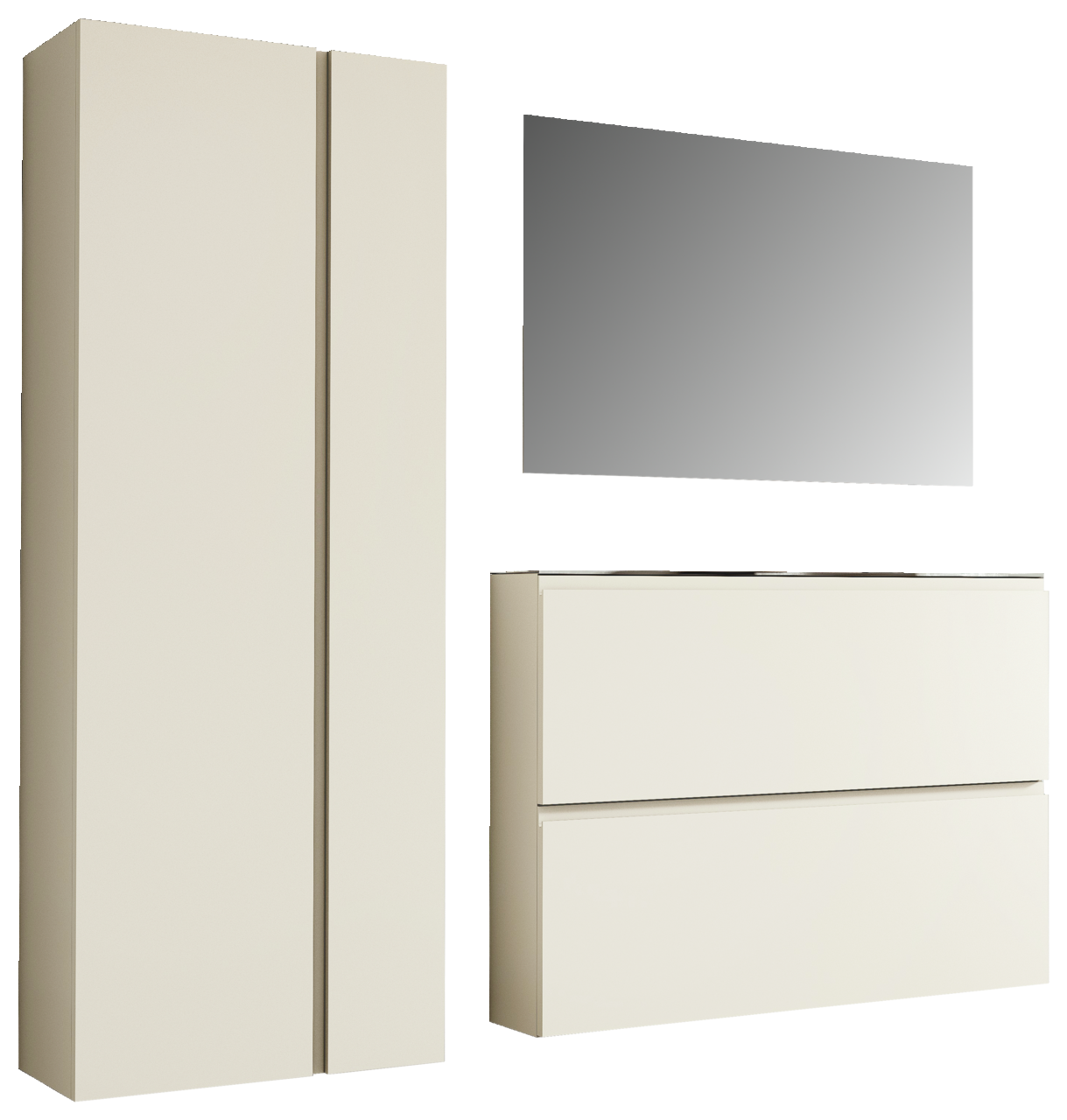 Moderano Garderoben-Set LECCO Garderobenset in Cremefarbe mit einem hohen Schrank, einem rechteckigen Spiegel und einer Kommode, seitliche Perspektive