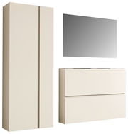 Garderobenset in Cremefarbe mit einem hohen Schrank, einem rechteckigen Spiegel und einer Kommode, seitliche Perspektive