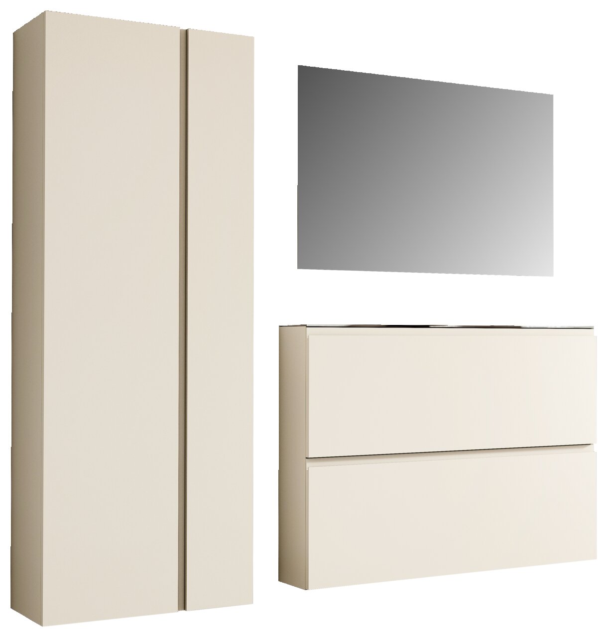 Moderano Garderoben-Set LECCO Garderobenset in Cremefarbe mit einem hohen Schrank, einem rechteckigen Spiegel und einer Kommode, seitliche Perspektive