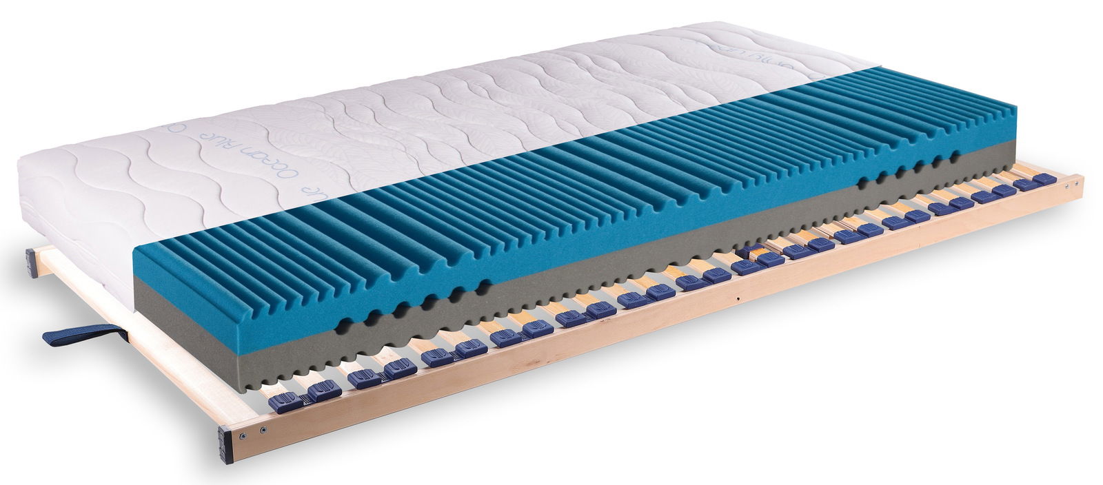 Matratzen-Rahmen-Set H2/H3 OCEAN BLUE in seitlicher Perspektive, zeigt die Schichten der Matratze und den Lattenrost.
