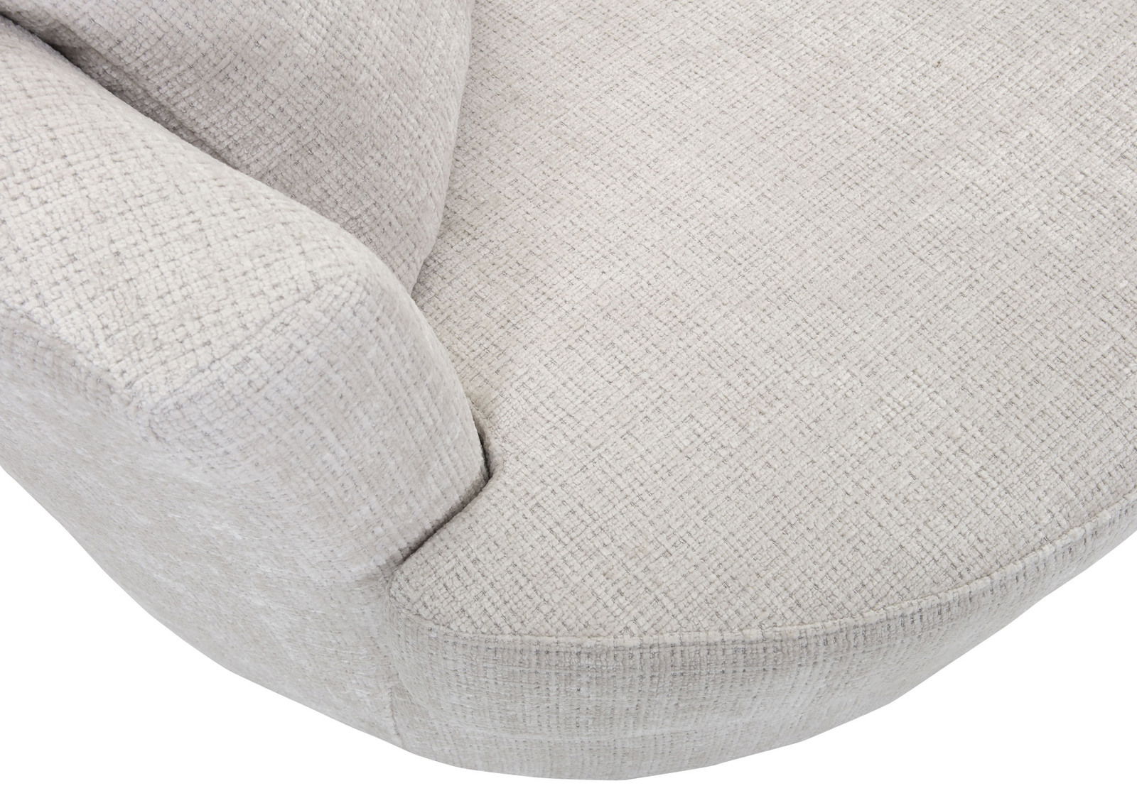 Nahaufnahme eines Sessels mit hellgrauem, strukturiertem Stoffbezug, von oben betrachtet.