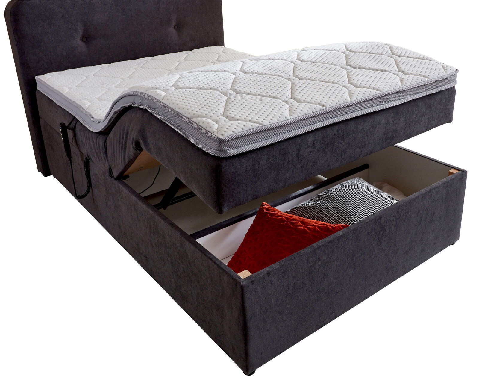 Boxbett mit Motor, seitliche Perspektive, geöffnete Matratze und Schublade mit Kissen