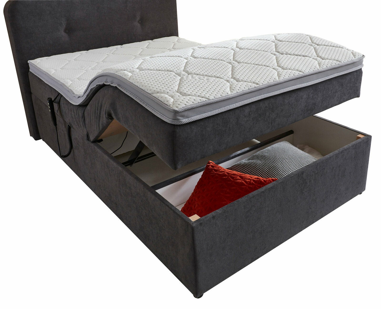 Boxbett mit Motor, seitliche Perspektive, geöffnete Matratze und Schublade mit Kissen