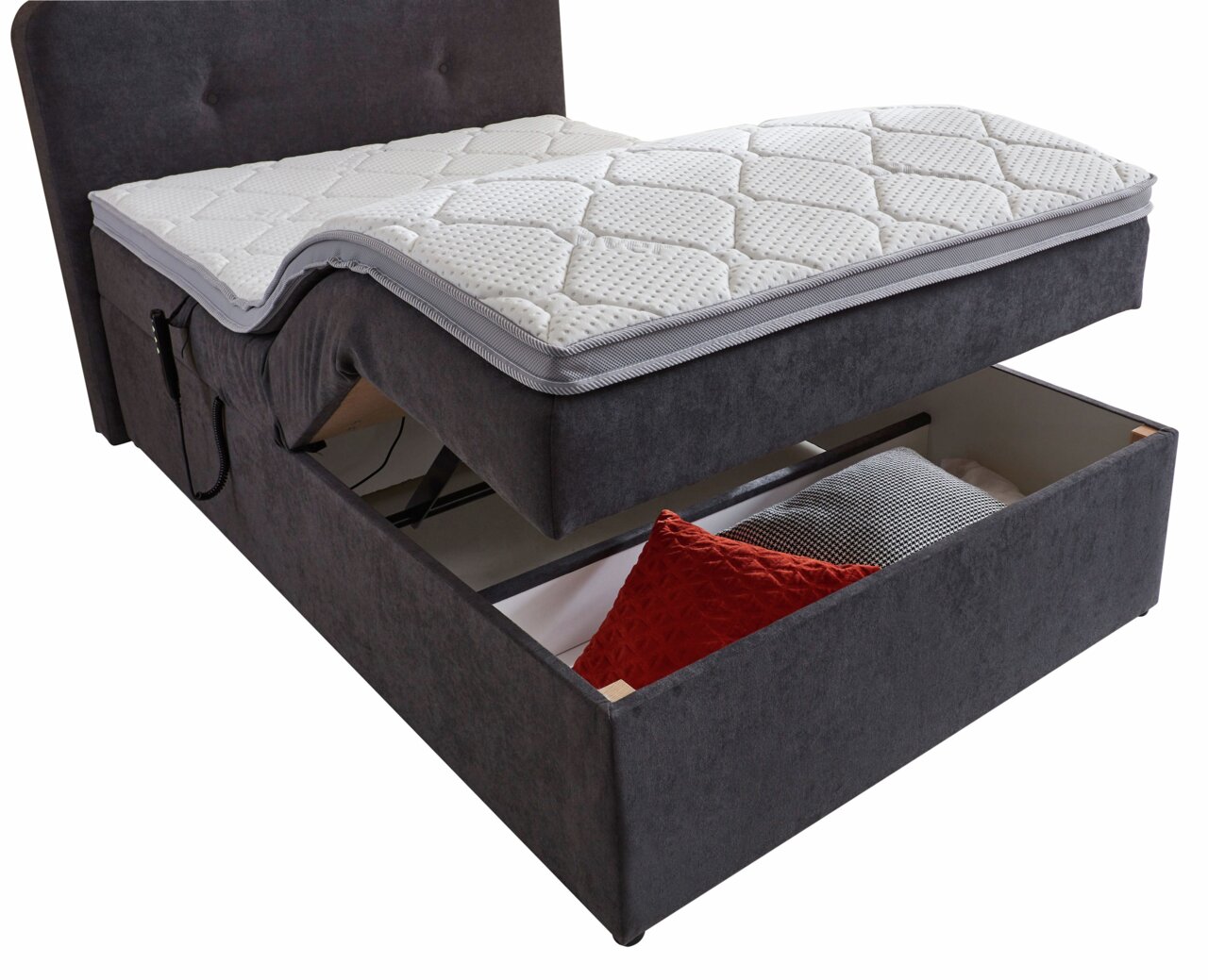 Boxbett mit Motor, seitliche Perspektive, geöffnete Matratze und Schublade mit Kissen