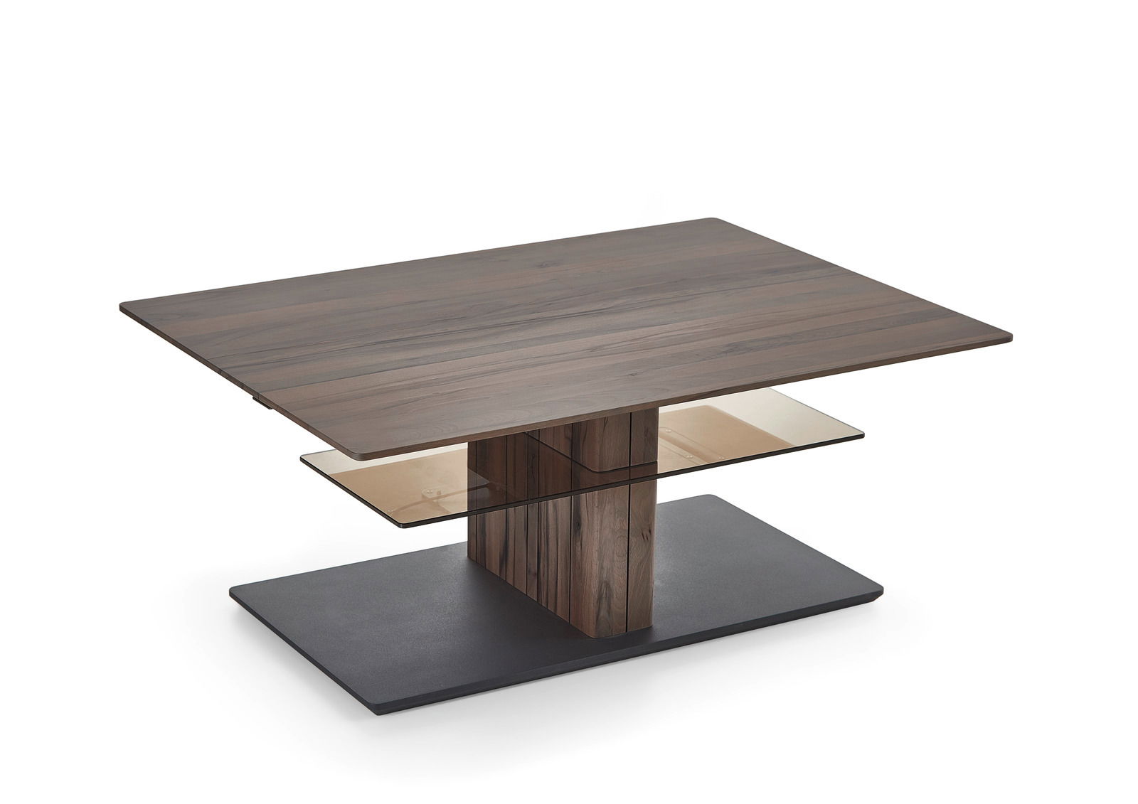Moderner Couchtisch aus Holz mit Glasablage, seitliche Perspektive