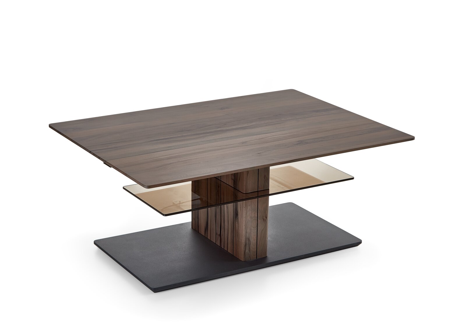 Moderner Couchtisch aus Holz mit Glasablage, seitliche Perspektive