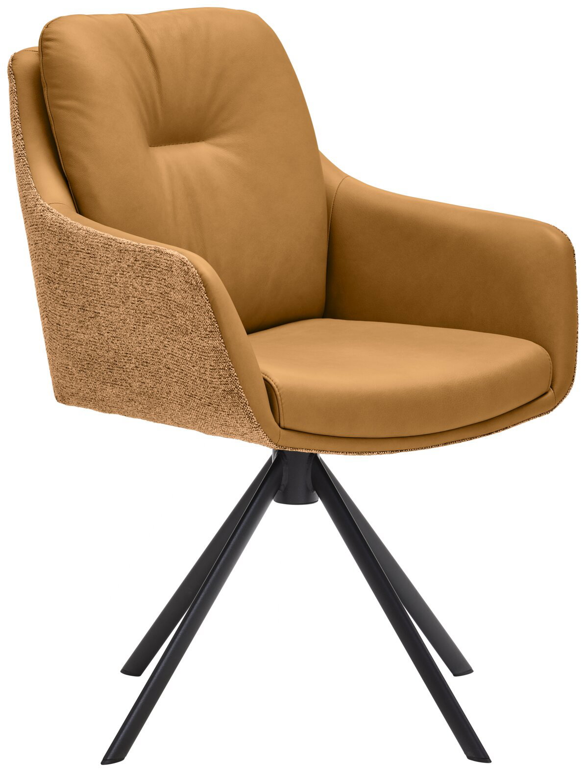 Moderner Armlehnstuhl in Karamellfarbe mit gepolstertem Sitz und Rückenlehne, seitliche Ansicht